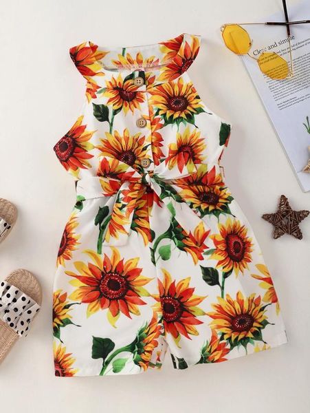 

toddler girls sunflower print halter neck belted romper she, Blue