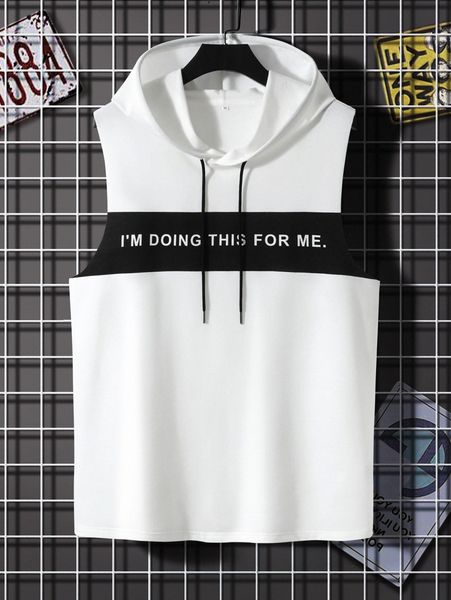 

men slogan graphic colorblock drawstring hooded tank d9eg#, White;black