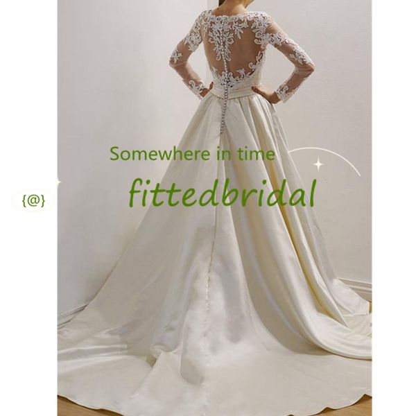 

african long sleeves satin wedding dresses covered buttons back bridal gown plus size robes de mariÃ©e saudi arabia, White