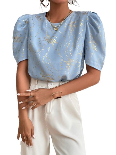 

gold plant print puff sleeve blouse b8bo#, White