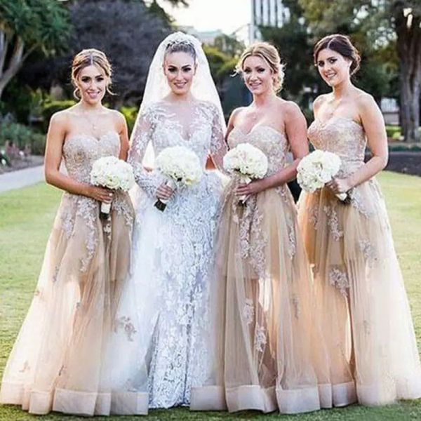 

champagne bridesmaid dresses a line 2022 sweetheart neckline lace applique custom made plus size country beach wedding maid of honor gown ve, White;pink