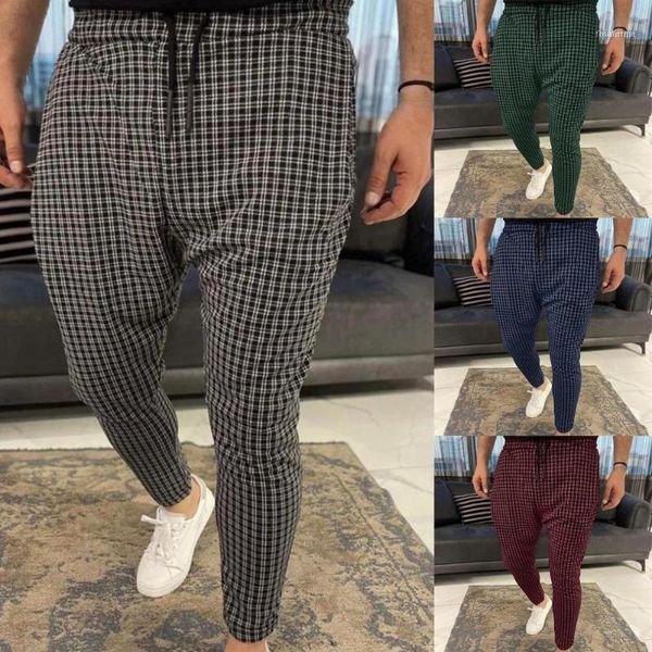 

men's jeans men pants grid print pencil mid waist casual spring trousers jogging streetwear stretch slim pant plus size, Blue