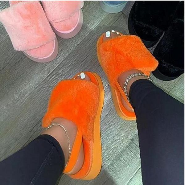 

fashion spring fur sandals platform shoes women indoor comfort lazy half slippers big size, Black