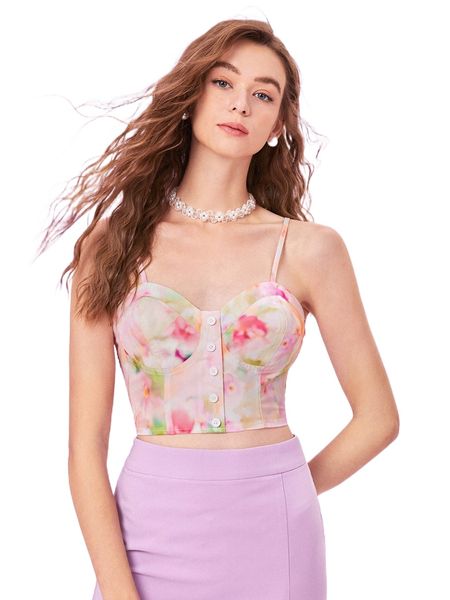 

mod floral print button up shirred back bustier cami a5x2#, White