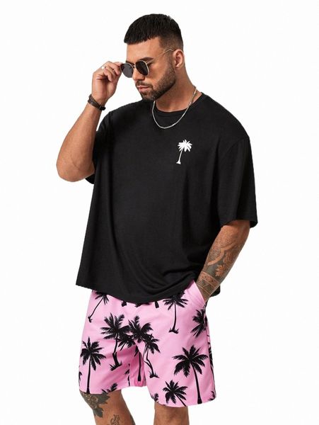

extended sizes men tropical print drop shoulder tee & shorts o4tz#, Gray