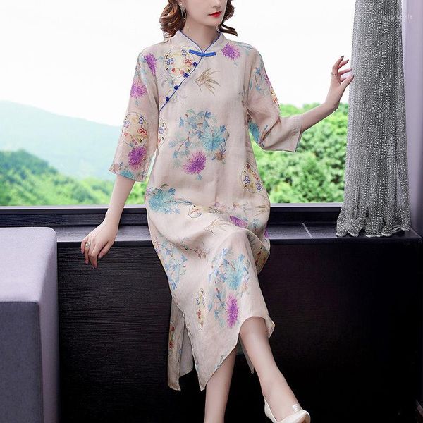 Abiti casual Abito in cotone e lino Primavera 2022 Ramie Stampa Retro stile cinese Migliorato Cheongsam Abbigliamento donna ZH1597Casual