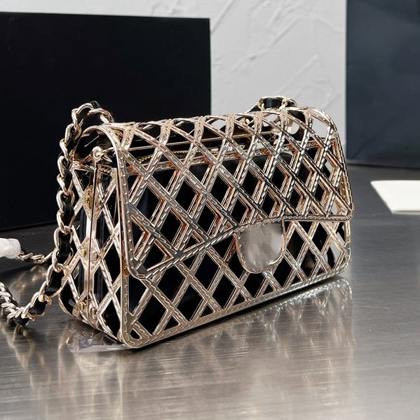 

2023ss designer gold metal hollow flap bag with zip leather bag lined classic check hardware chain crossbody bags premium luxury ladies mini