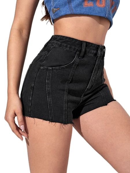 

high waist frayed trim denim shorts c3ye#, White;black