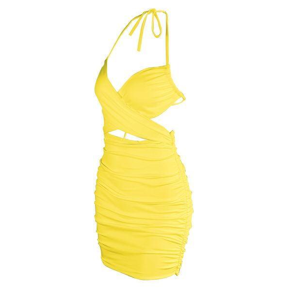 

dresses mini dress women summer halter hollow out adjust drawstring backless bandage beach lady pleated party bodycon, Black;gray