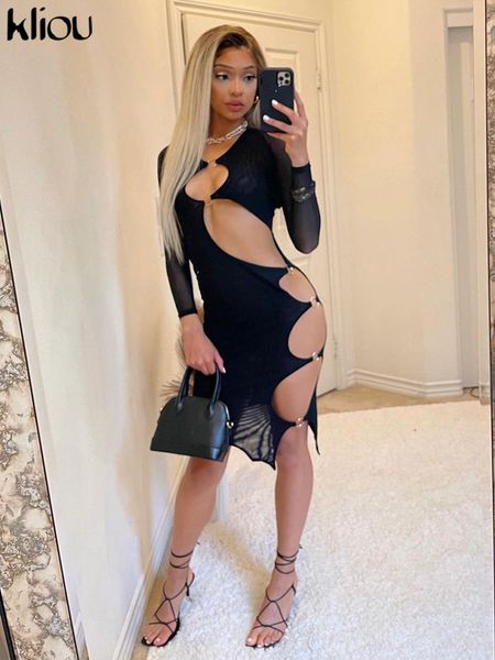 

hollow out mini dress women skinny mesh long sleeve backless body-shaping cleavage skirt lady party clubwear vestidos, Black;gray
