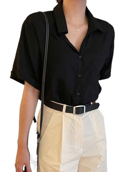 

dazy solid button front pocket patched shirt k6gj#, White