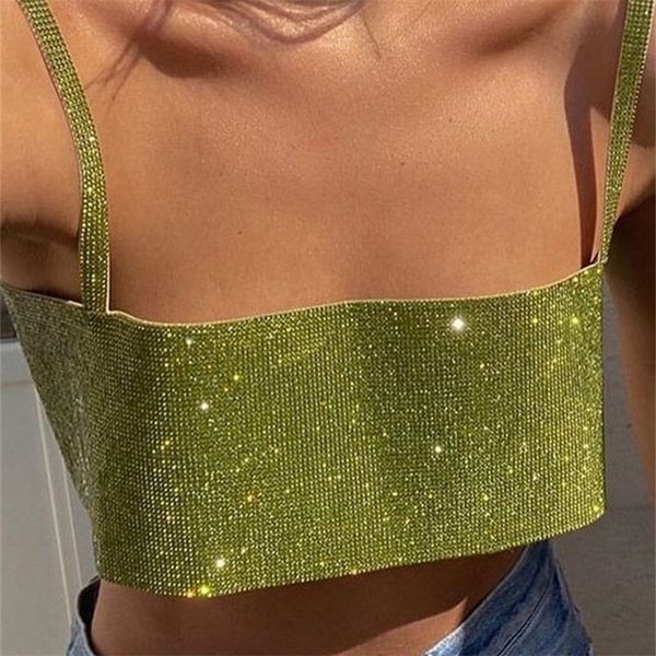 Glitter Club Crop Top Frauen Schulterfrei Tank Cami Kleidung Super Kurze Party Nacht Shiny Bling Sexy Ärmellose Tube Tops Y2K 220325