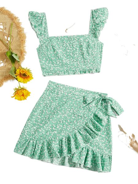 

ditsy floral flutter sleeve & ruffle trim tie side wrap skirt p4wn#, White