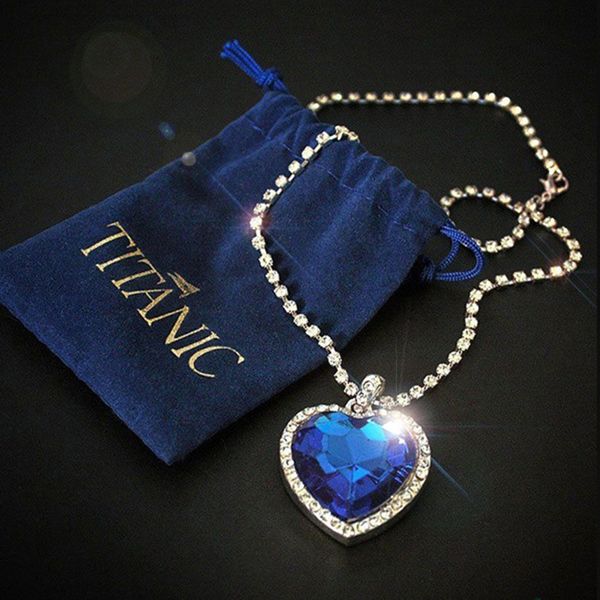 

titanic heart of ocean blue heart love forever pendant necklace velvet bag 220813, Silver