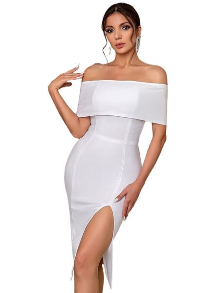 

adyce off shoulder split thigh zip back bandage dress x85i#, Black;gray