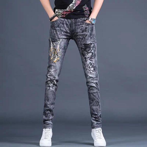 

men's pants fashion men's male casual thin spring printed embroidery jeans brand stretch trend personality trousersmen's, Black