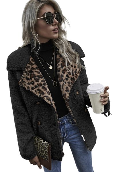 

leopard print double button teddy coat m51l#, Black
