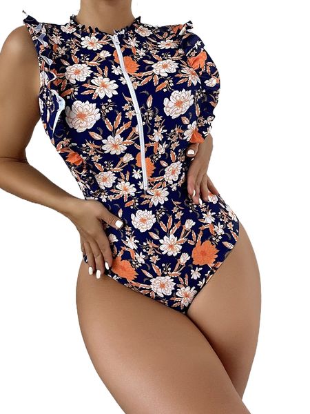 

floral print ruffle trim zip front one piece swimsuit e6tv#, White;black