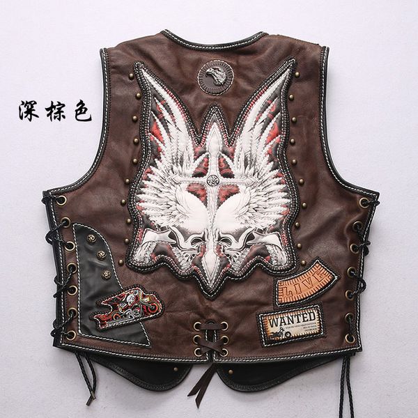 Punk Style Men Men Jackets de couro genuíno V Pescoço de fivela de cobre Aplique Jacket Applique Patch Designs