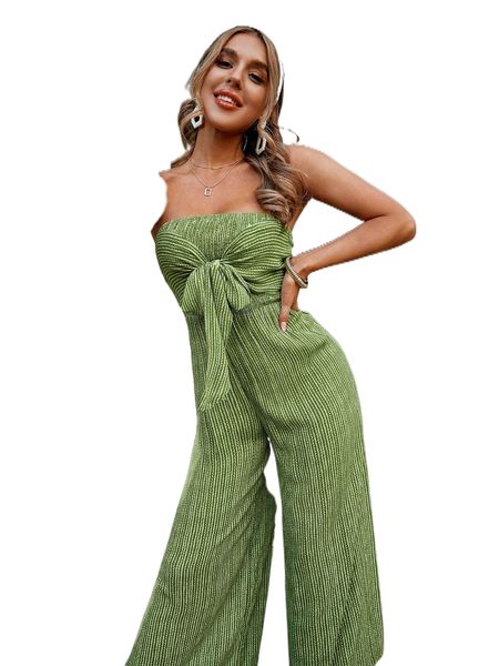 

simplee knot front striped pattern tube wide leg jumpsuit q2jm#, Black;white