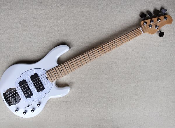 

5 strings white electric bass guitar with maple fretboard