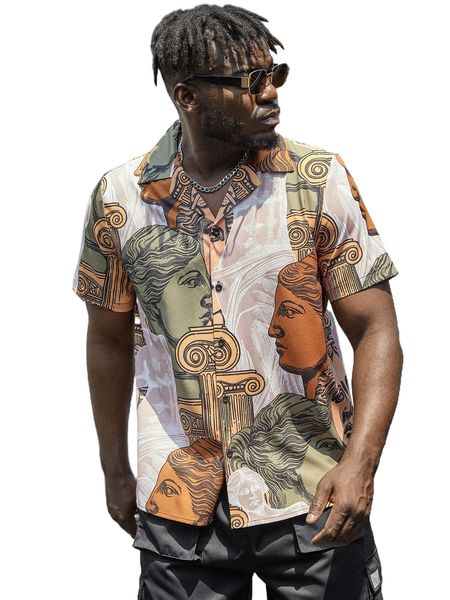 

extended sizes men random figure graphic lapel collar shirt s4f7#, White;black