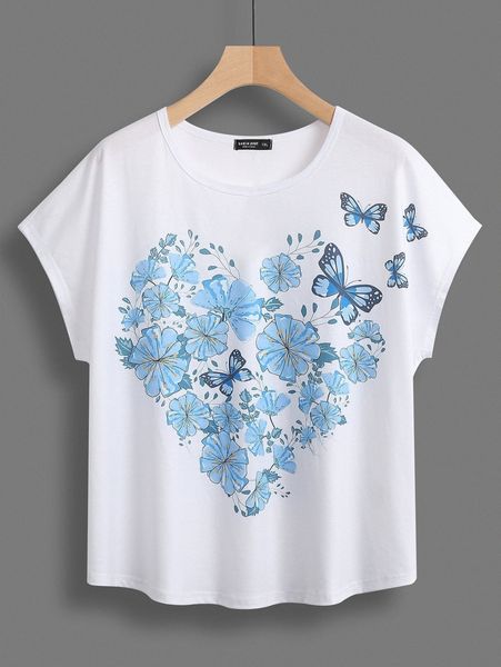 

plus floral & butterfly print batwing sleeve tee h703#, Black
