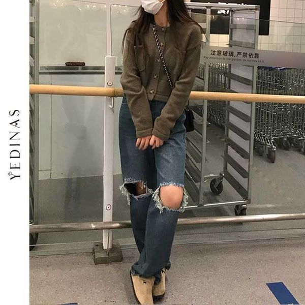 Yedinas Koreanische Stil Hohe Taille Jeans Frau Loch Denim Hosen Damen Lose Breite Bein Plus Größe Freund Ripped Mom 210527