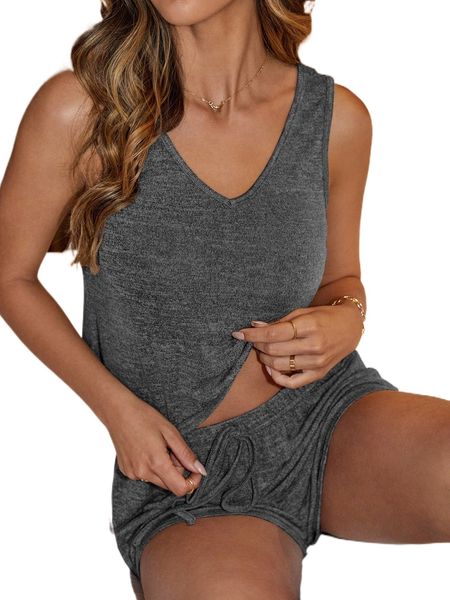 

marled v neck & knot front shorts pj set h86p#, Black;red