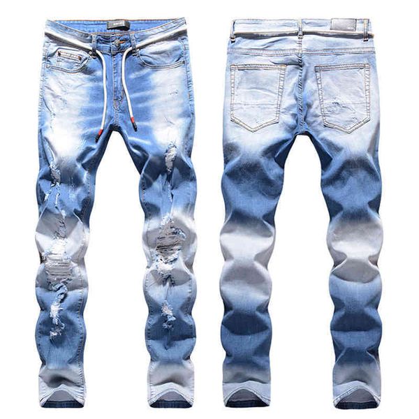 

fashion brand amirs high street fashion men's light blue three-dimensional cat beard knee hole high elastic slim jeans men's