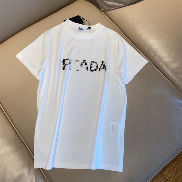 

warehouse clothing summer new handmade pearl letter printing back small triangle loose and thin versatile women's t-shirt outlet_axwy, White