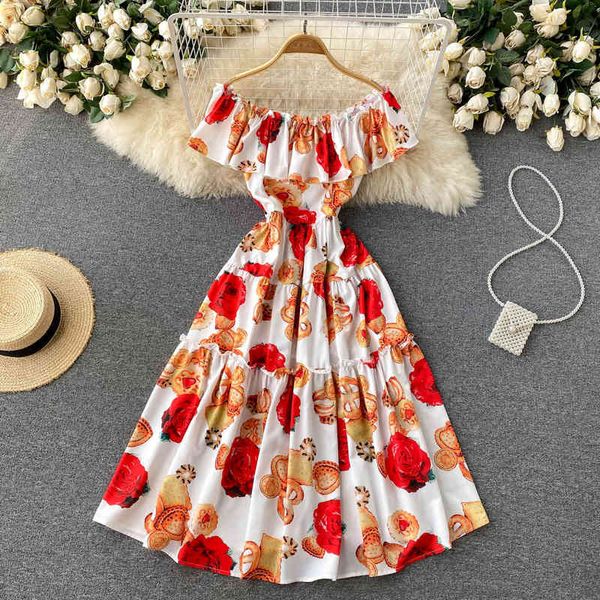 

casual dresses super fairy one shoulder dress strapless holiday beach skirt travel po clothes women's summer slim printed dress fekb, Black;gray