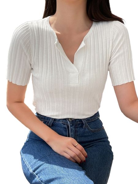 

dazy solid notched neck ribbed knit f41k#, White;black