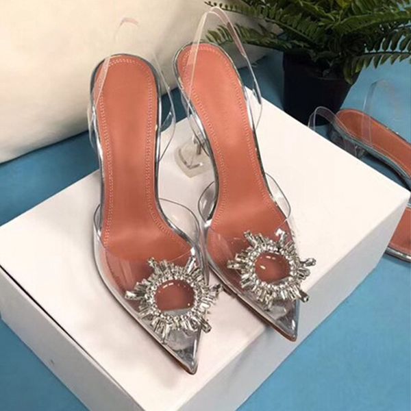 

red sandal party wedding office slippers rhinestone sandals women summer thin heels transparent diamond sandals shine cap toe fine tip 001, Black