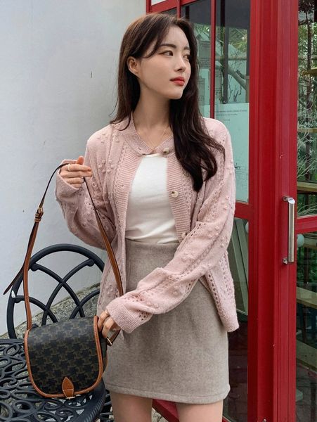 

dazy popcorn & pointelle knit cardigan e7rl#, White;black