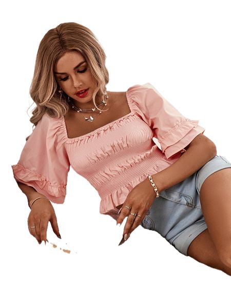 

flounce sleeve ruched bust peplum crop blouse l7wq#, White