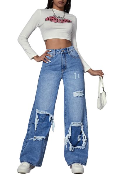 

high waisted raw trim zip up wide leg jeans f4jg#, Blue