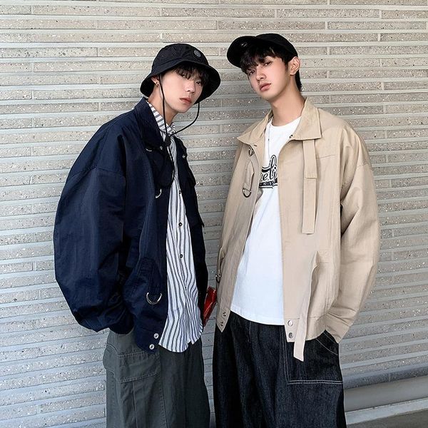 Erkek Ceketleri Güzel Bahar ve Sonbahar Giyim Gençler Erkekler Japon Retro Takım Gevşek Renk Ceket Moda Sıradan Gömlek Haki / Donanma