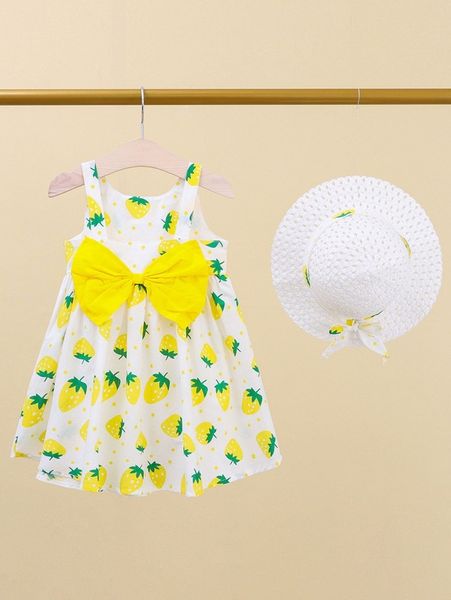 

toddler girls strawberry print bow front cami dress with hat she, Red;yellow