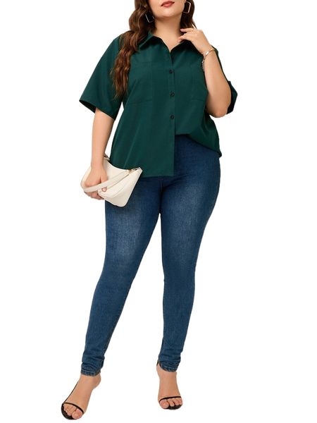 

plus patched pocket button front shirt o2dr#, Black