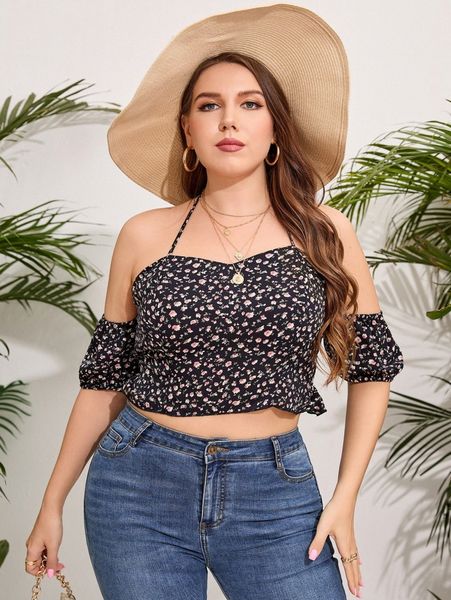 

plus allover floral print tie backless puff sleeve crop blouse w88m#, Black