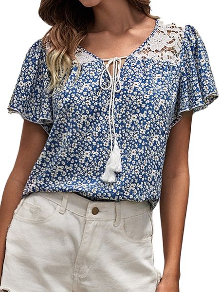 

ditsy floral contrast lace tie neck blouse k2rt#, White