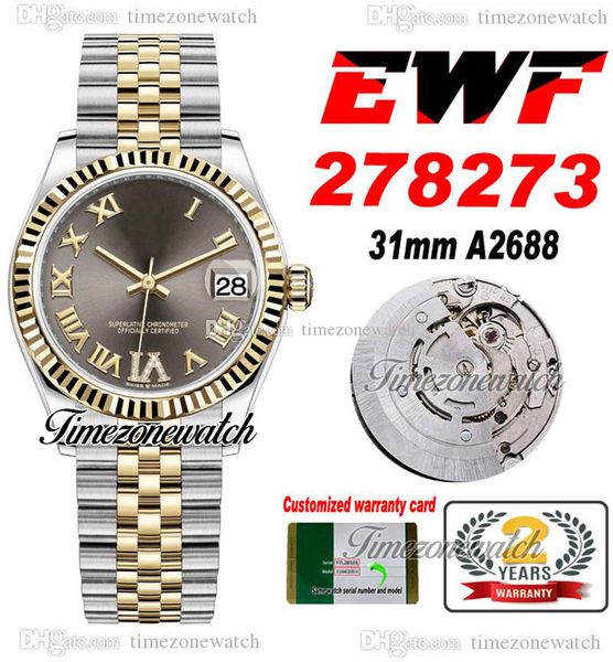 

ewf 31mm 278273 a2688 automatic womens ladies watch two tone yellow gold gray roman dial jubileesteel bracelet super edition same serial car, Slivery;brown
