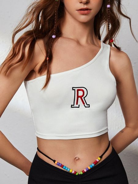 

letter embroidery one shoulder b1jf#, White