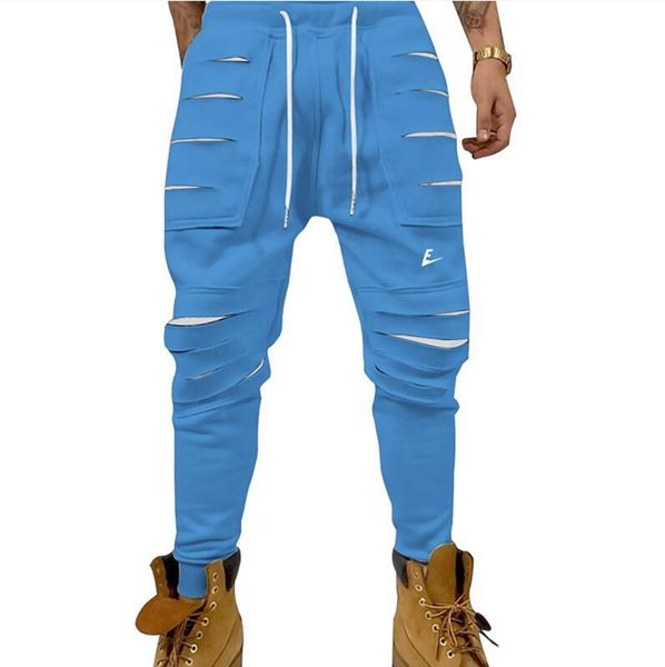 

brand designer men pants new fashion ripped holes streetwear hip hop elastic waist trousers solid color printed joggers jogging pants casual, Black