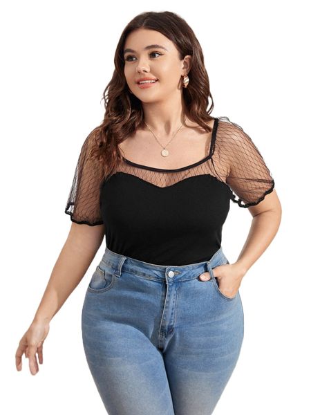 

plus contrast mesh raglan sleeve tee r4nm#, Black