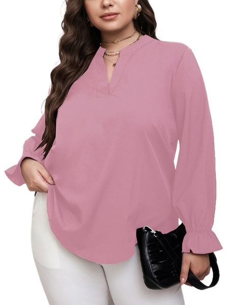 

plus notched neckline flounce sleeve blouse m7sw#, Black