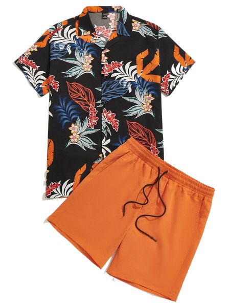

men tropical print shirt & drawstring waist shorts m7kp#, Gray