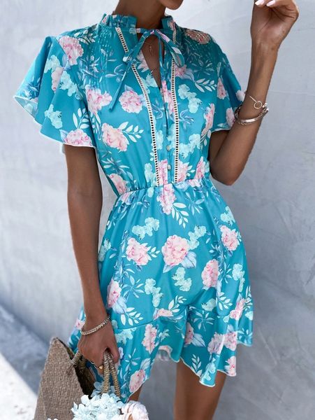 

floral print tie neck a-line dress g22w#, Black;gray