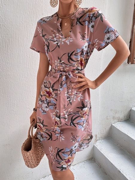 

floral print notched neck belted dress y1tu#, Black;gray